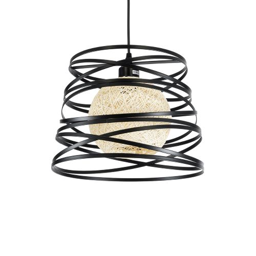 Μοντέρνο Κρεμαστό Φωτιστικό Πλέγμα Μονόφωτο 1 x E27 IP20 Μαύρο Μέταλλο με Μπεζ Σχοινί